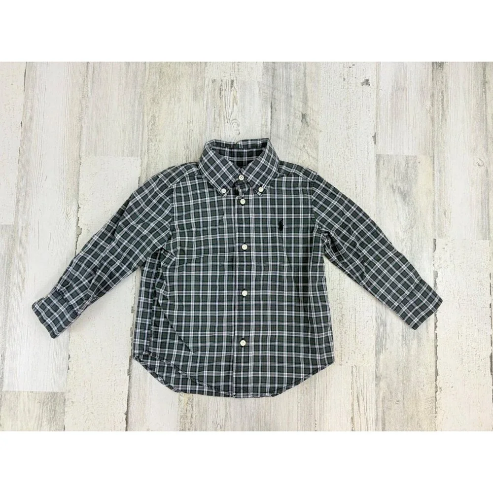 Ralph Lauren Boys Sz 2T Green Plaid Button Down Long Sleeve Shirt Polo Xmas